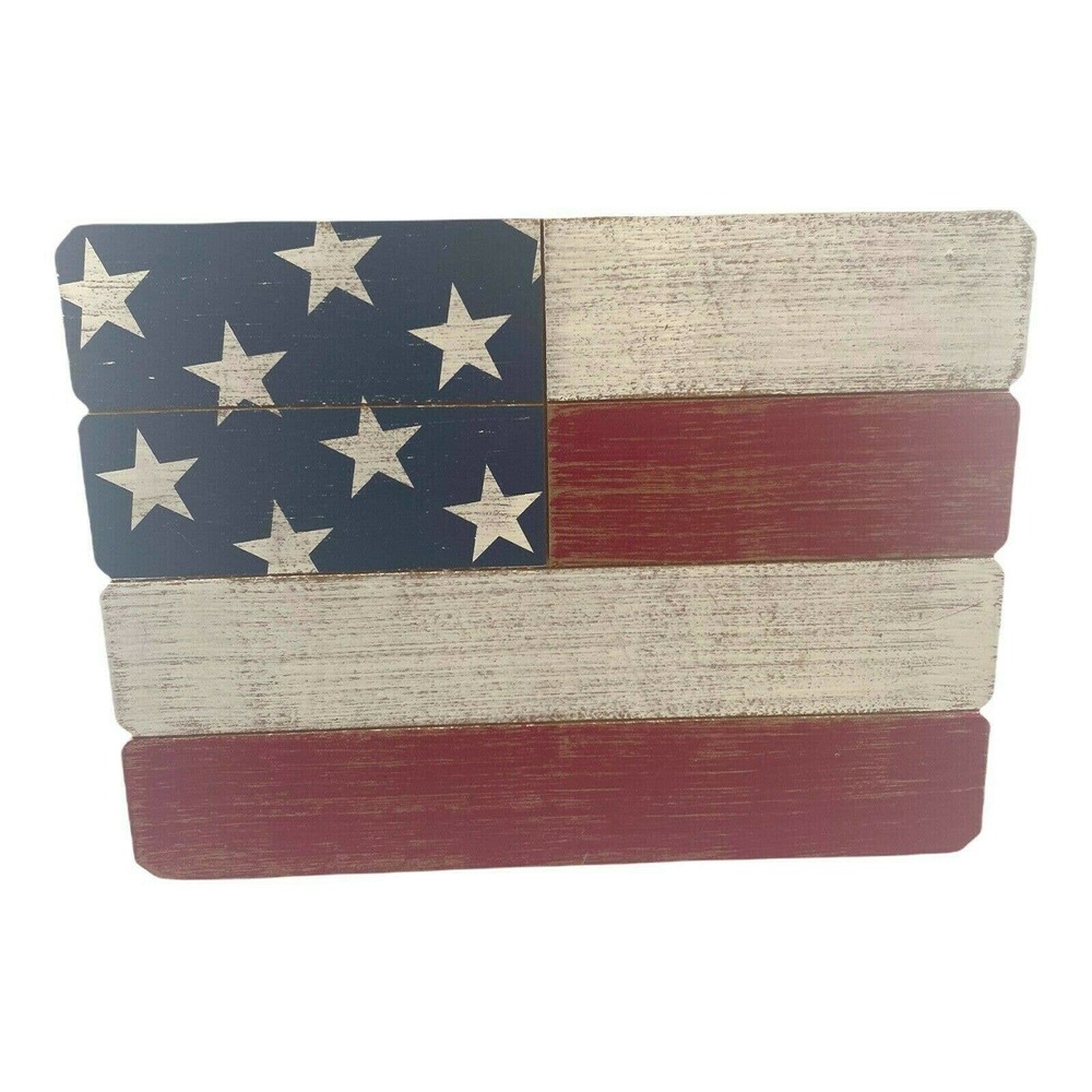 Rustic American Flag Wooden Tabletop Standing Sign Red White And Blue USA 15x12" - Picture 3 of 9